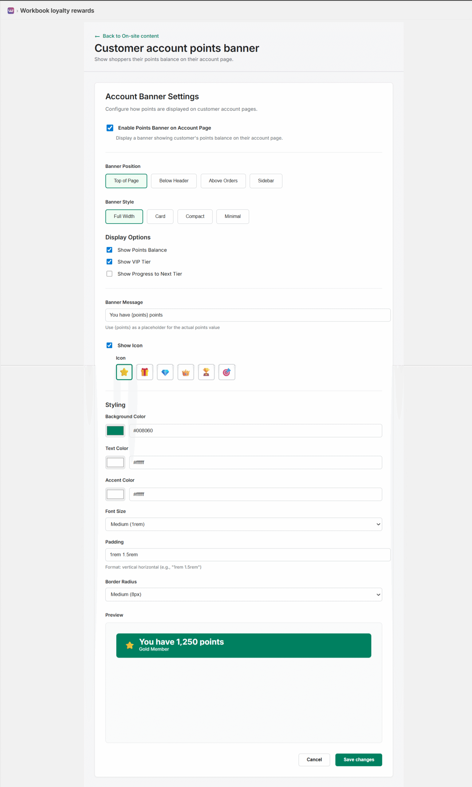 Customer Account Points Banner Settings