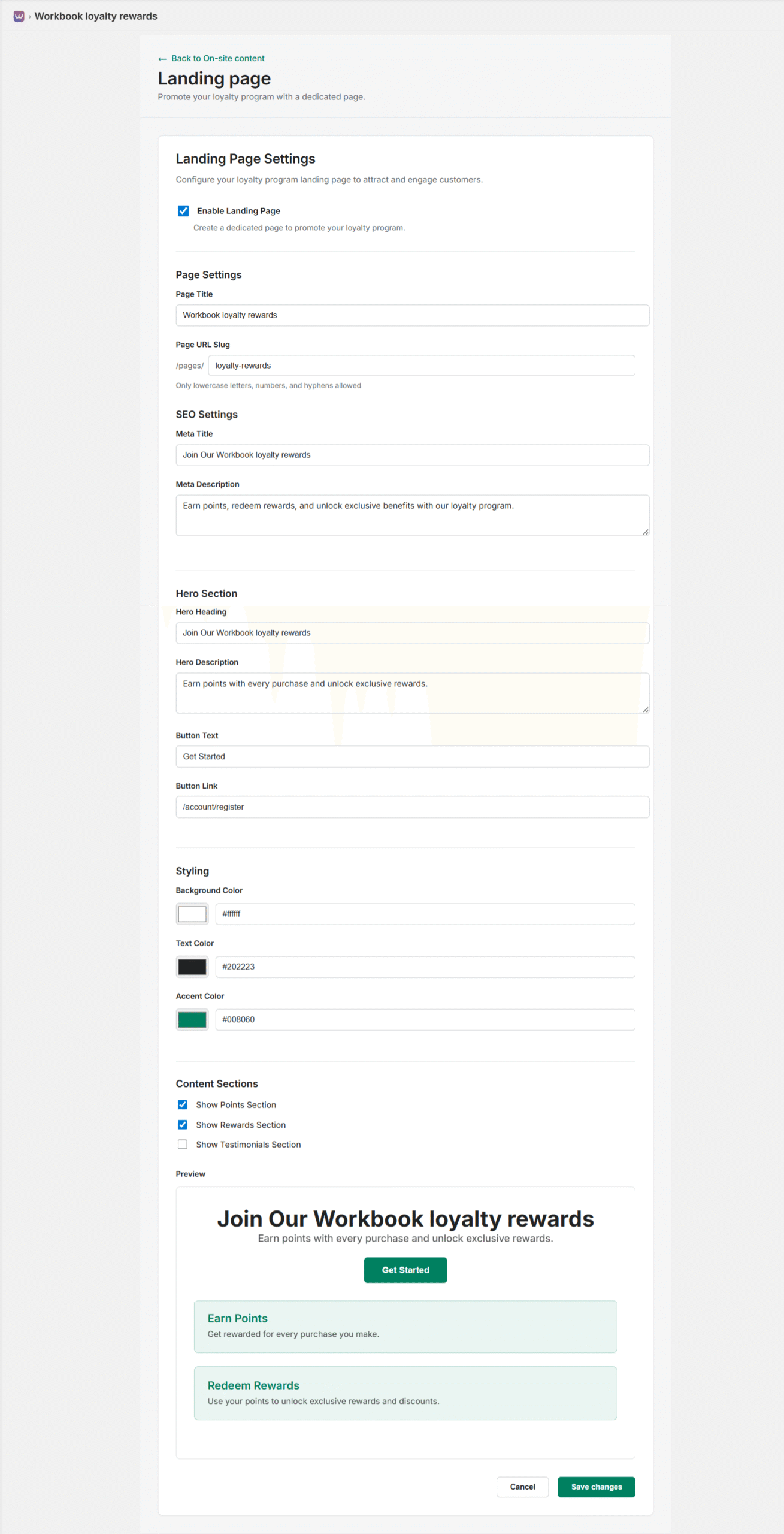 Landing Page Settings