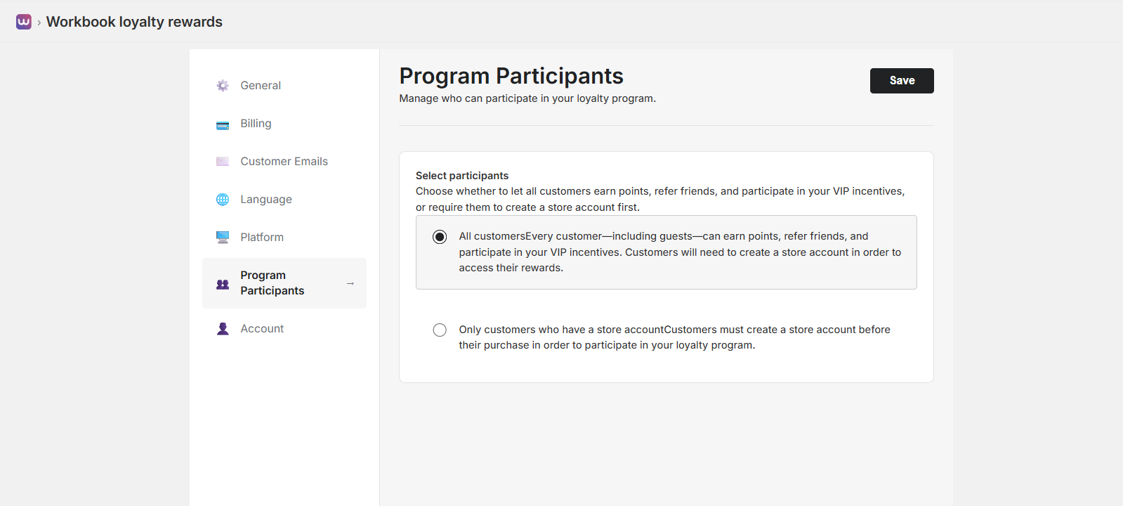 Workbook loyalty rewards Participants Settings Page