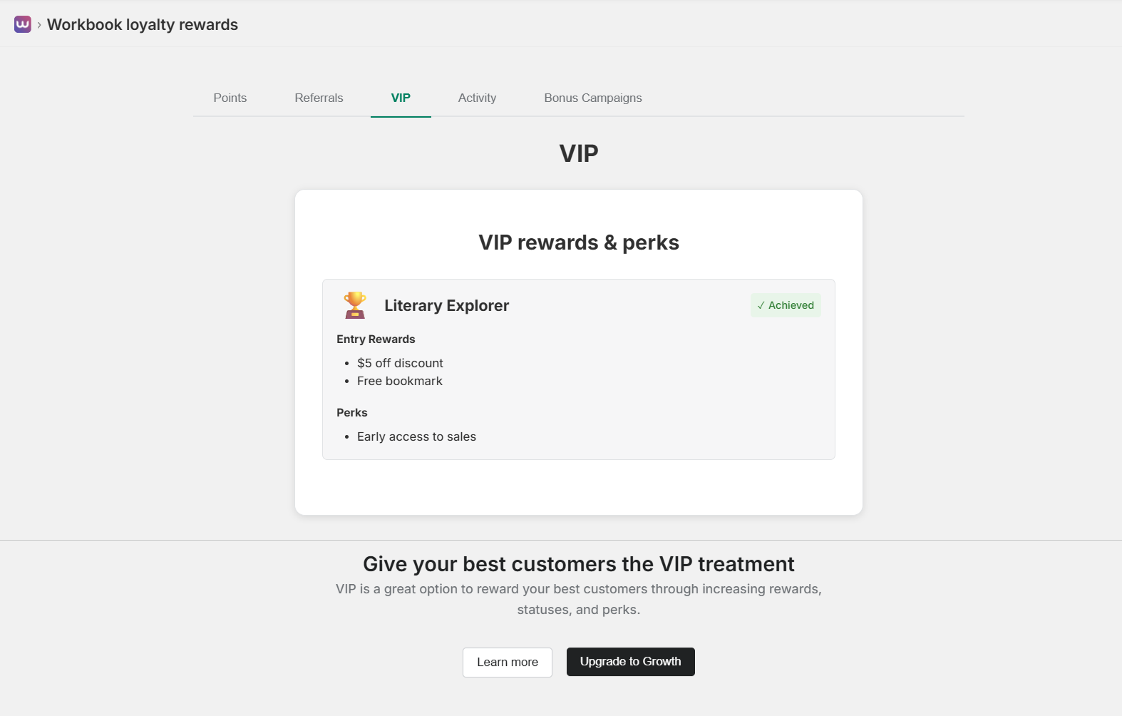 VIP Workbook loyalty rewards Section